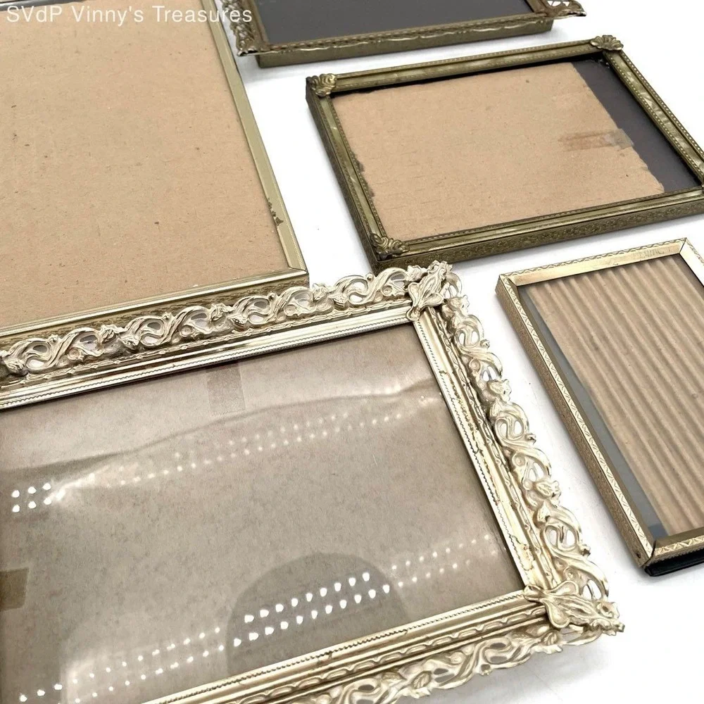Vintage Picture Frame Lot of 5 Gold Tone Ornate Metal Frames Wall Tabletop Decor